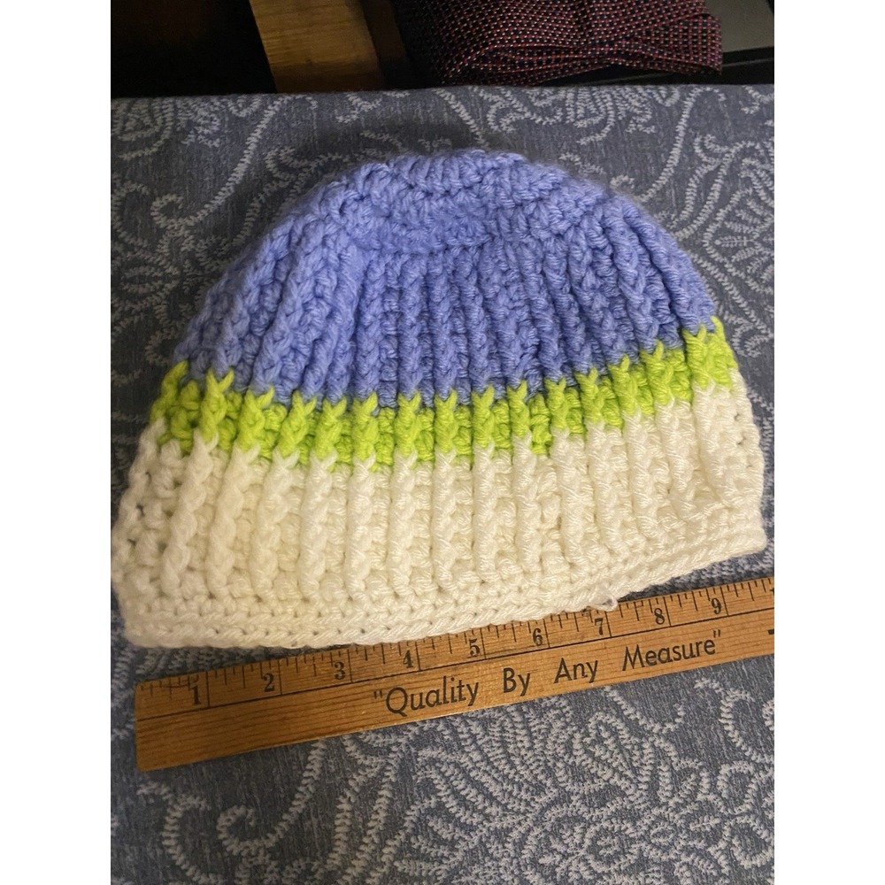 White Purple GREEN W/TRIM - HAND KNITTED OS SIZE STOCKING CAP BEANIE HAT!